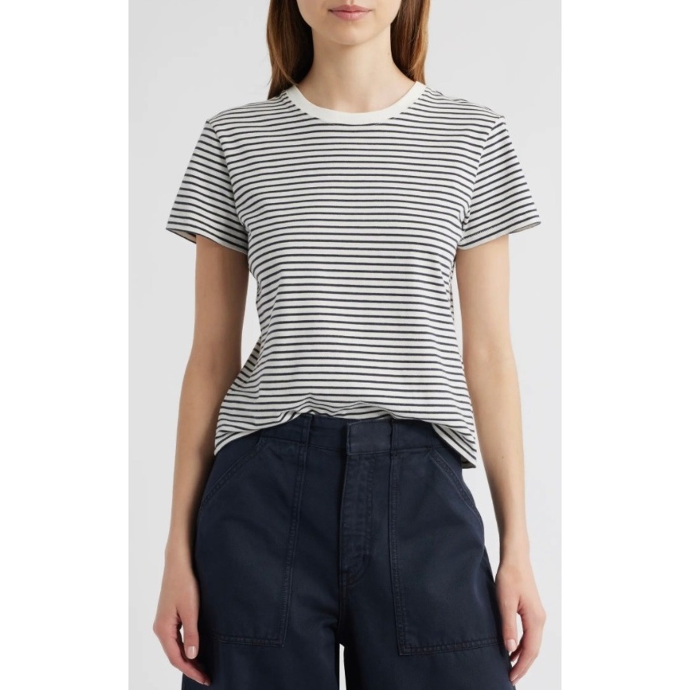 FRAME The Stripe Baby Tee Navy White Organic Cotton NWT Size XS